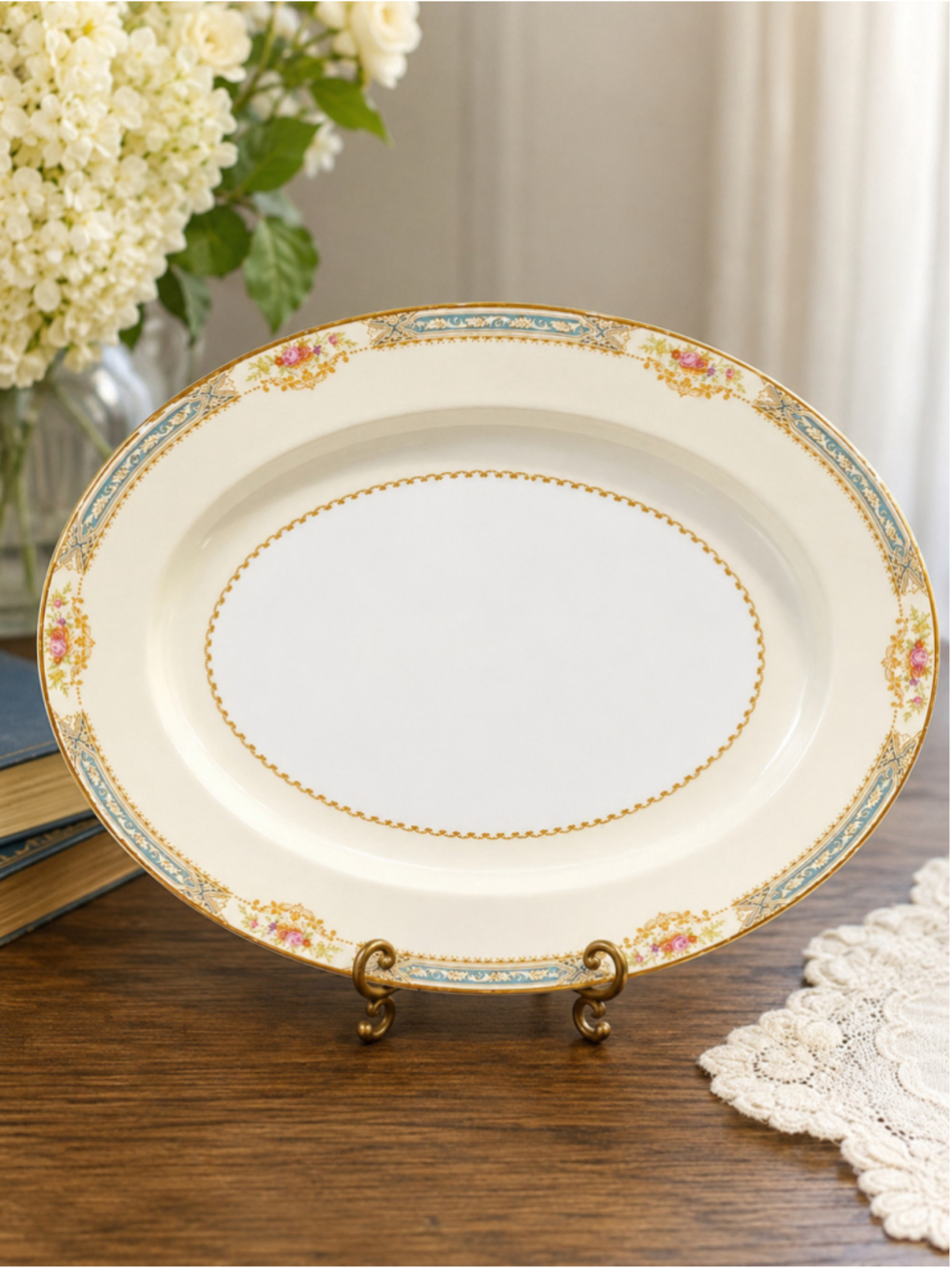 Vintage ROSE China “Annette” Oval Serving Platter – 14” Floral Gold Trim
